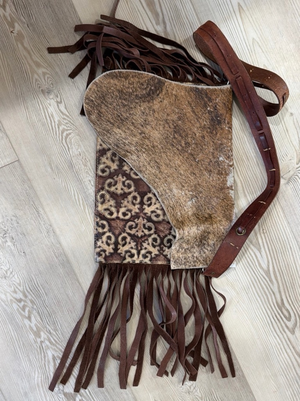 Hand Crafted Brown Leather & Hair-on Hide Fringe Crossbody Bag